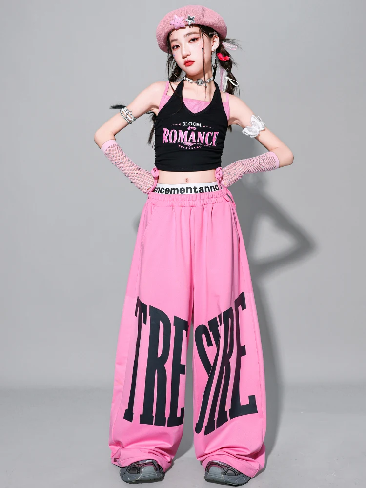Girls K-pop Crop Tank Top Sweet Letters Loose Pants Children Hip Hop Streetwear Clothes Sets Kids Stage Girl Group Jazz Costume