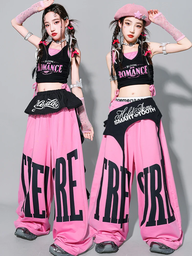 Girls K-pop Crop Tank Top Sweet Letters Loose Pants Children Hip Hop Streetwear Clothes Sets Kids Stage Girl Group Jazz Costume