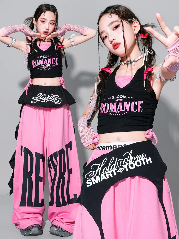 Girls K-pop Crop Tank Top Sweet Letters Loose Pants Children Hip Hop Streetwear Clothes Sets Kids Stage Girl Group Jazz Costume