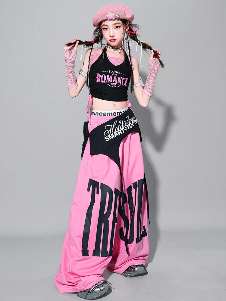 Girls K-pop Crop Tank Top Sweet Letters Loose Pants Children Hip Hop Streetwear Clothes Sets Kids Stage Girl Group Jazz Costume