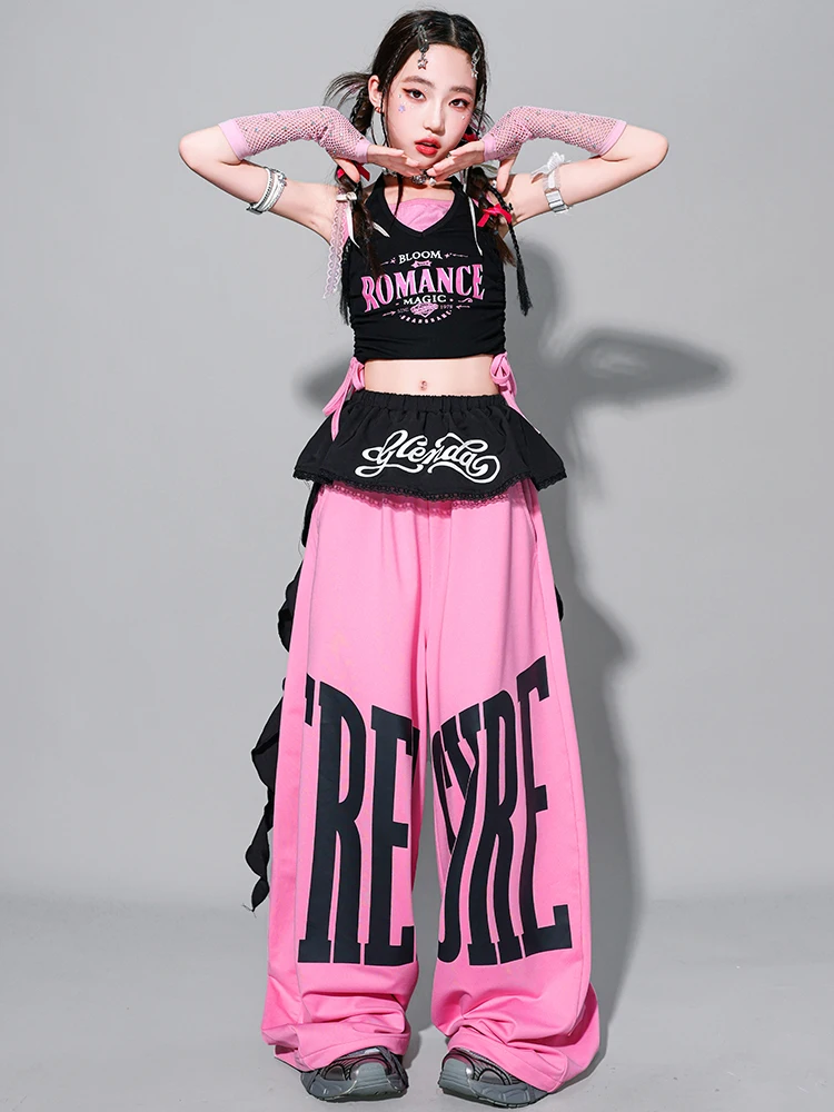 Girls K-pop Crop Tank Top Sweet Letters Loose Pants Children Hip Hop Streetwear Clothes Sets Kids Stage Girl Group Jazz Costume