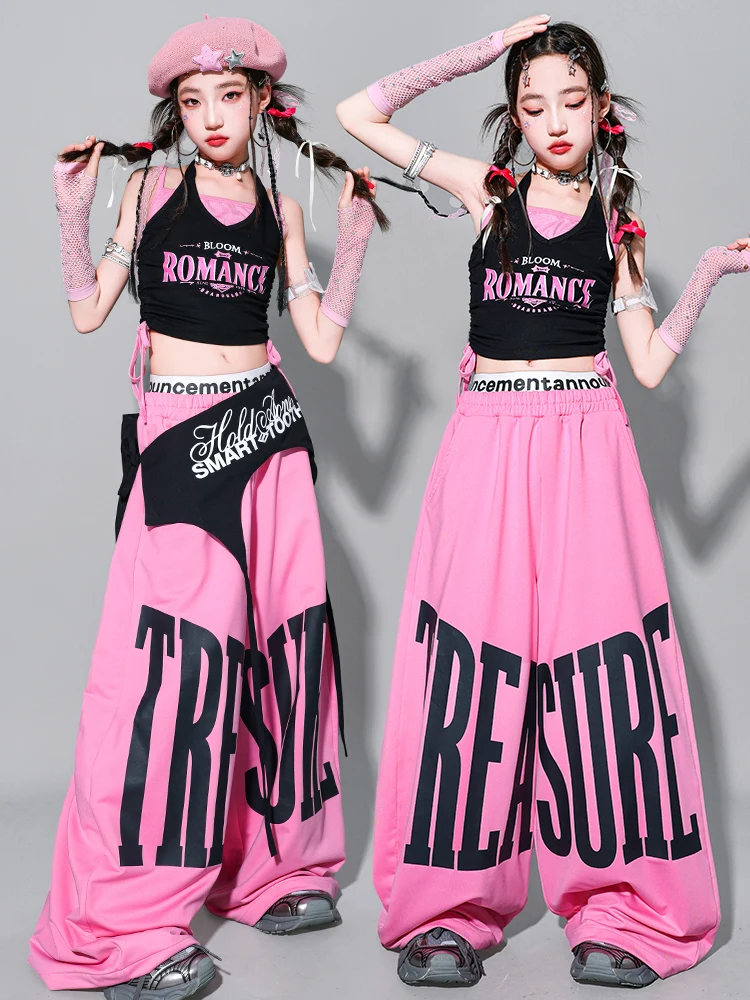 Girls K-pop Crop Tank Top Sweet Letters Loose Pants Children Hip Hop Streetwear Clothes Sets Kids Stage Girl Group Jazz Costume