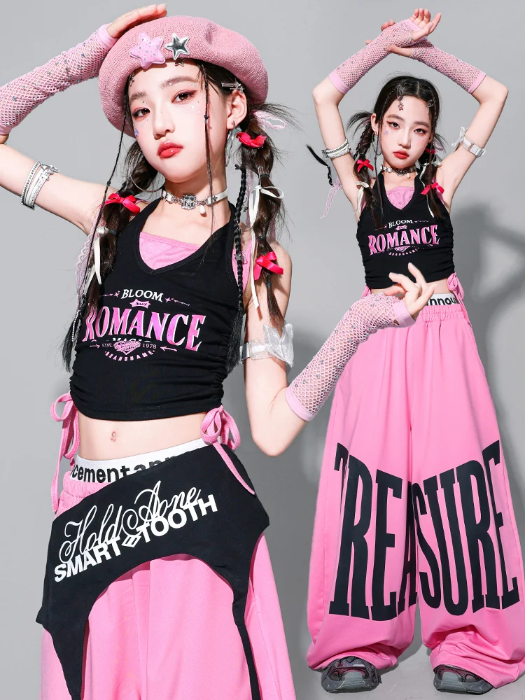 Girls K-pop Crop Tank Top Sweet Letters Loose Pants Children Hip Hop Streetwear Clothes Sets Kids Stage Girl Group Jazz Costume