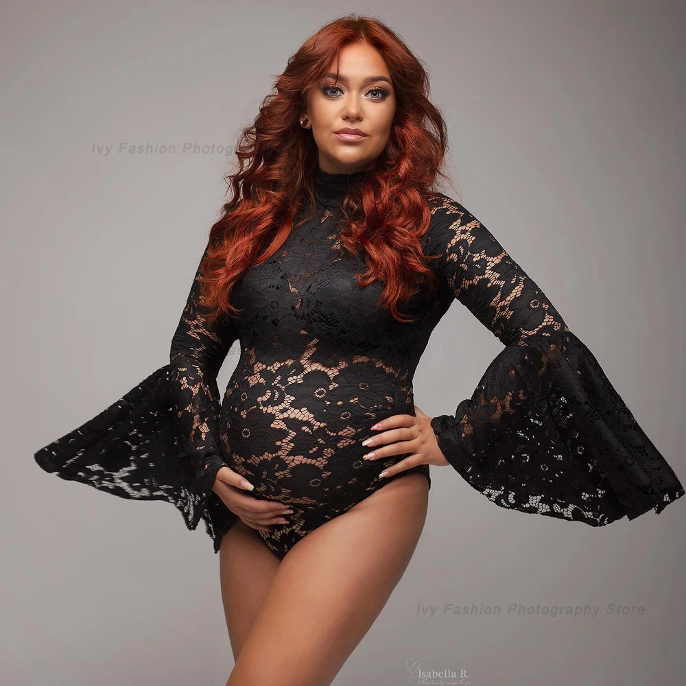 Maternity Dress For Photo Shoot Pagoda Sleeve For Pregnant Women Sexy Stretch Lace Pregnancy Size Jumpsuit Photo Shoot Bodysuit