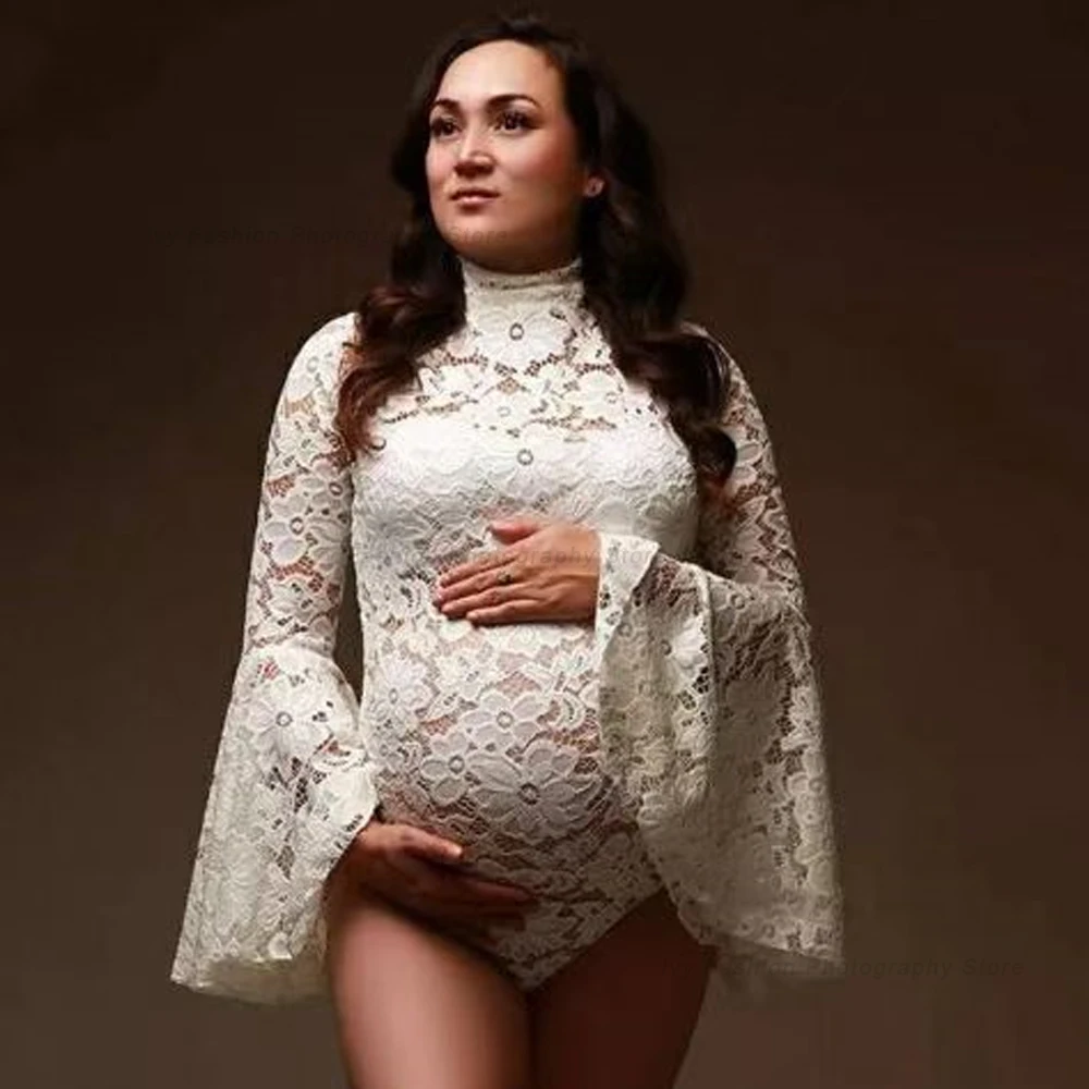 Maternity Dress For Photo Shoot Pagoda Sleeve For Pregnant Women Sexy Stretch Lace Pregnancy Size Jumpsuit Photo Shoot Bodysuit