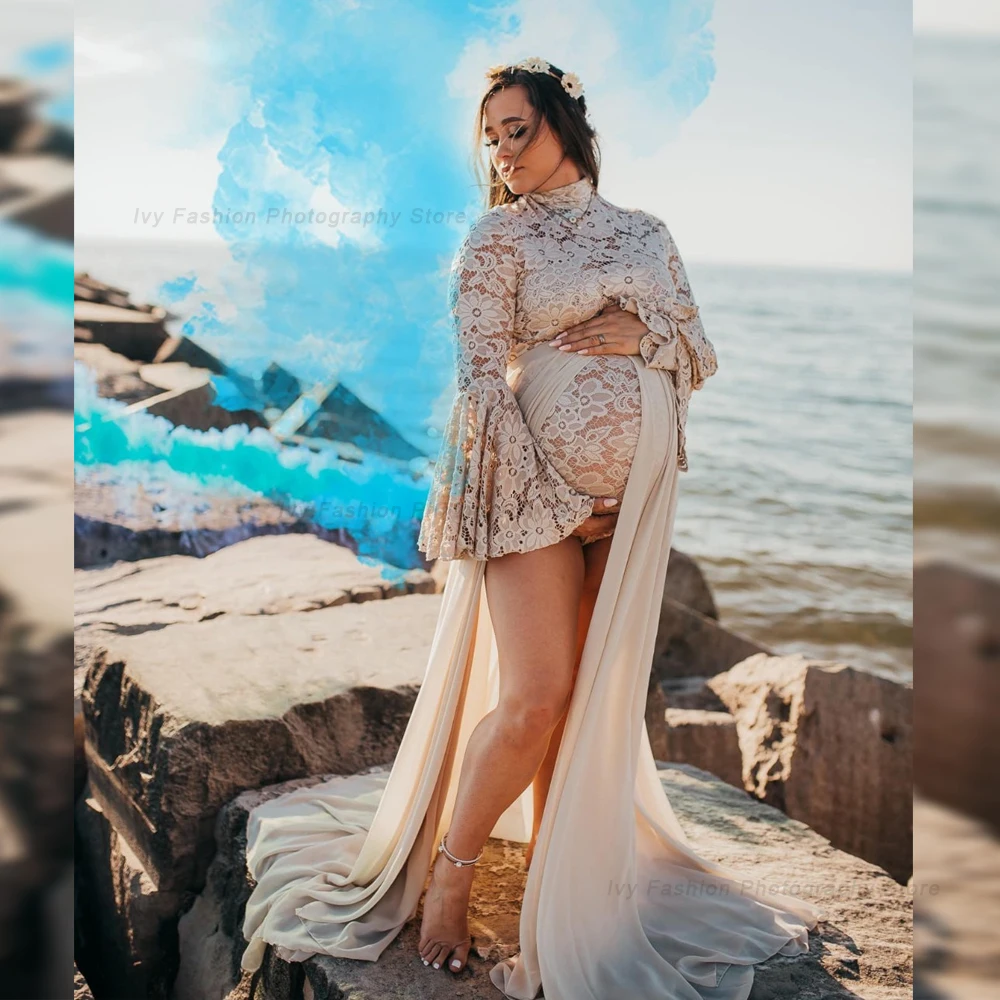 Maternity Dress For Photo Shoot Pagoda Sleeve For Pregnant Women Sexy Stretch Lace Pregnancy Size Jumpsuit Photo Shoot Bodysuit