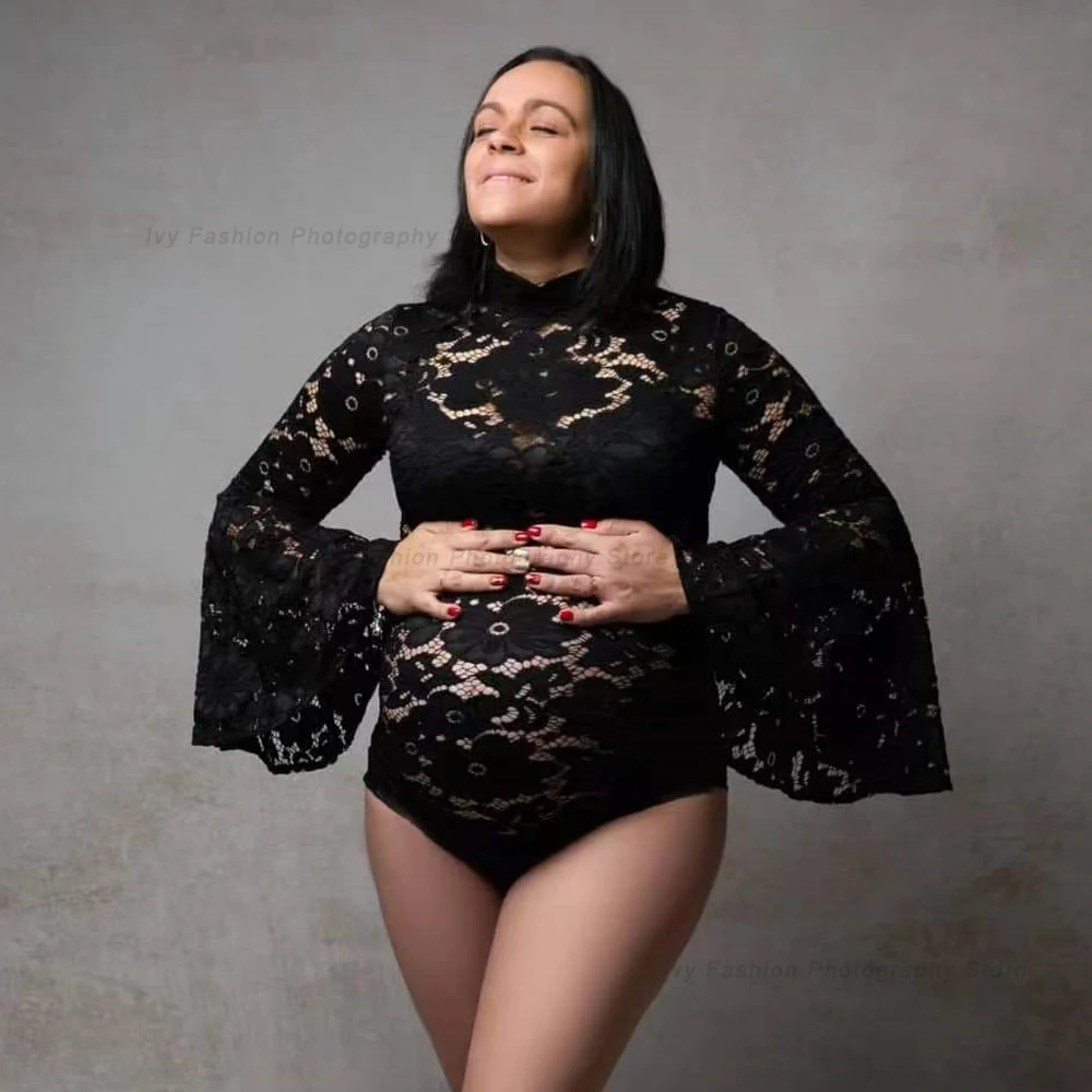 Maternity Dress For Photo Shoot Pagoda Sleeve For Pregnant Women Sexy Stretch Lace Pregnancy Size Jumpsuit Photo Shoot Bodysuit