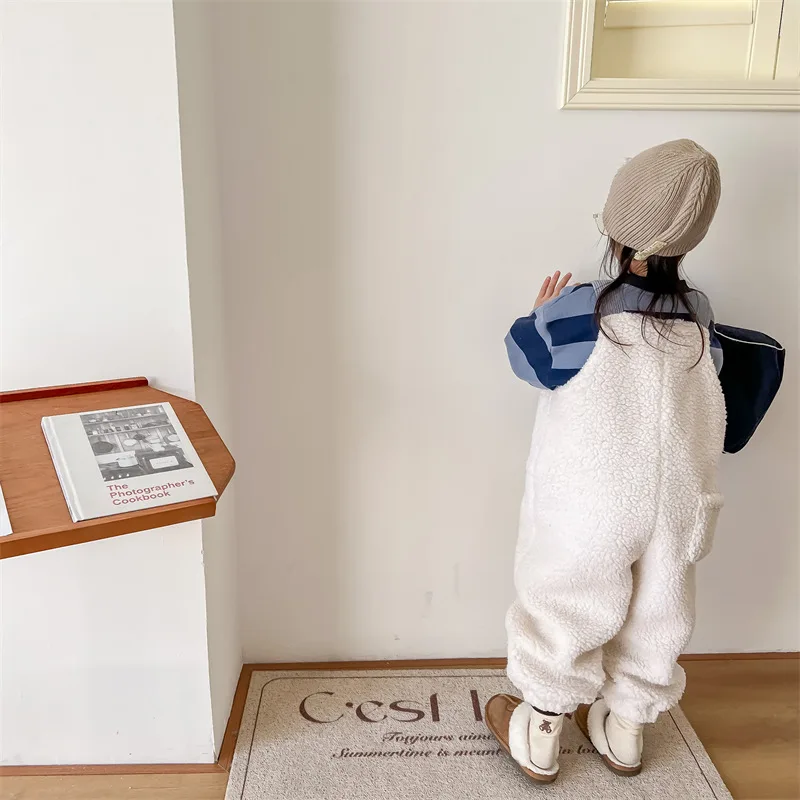 2025 New Winter Children Warm Lamb Fleece Overalls Cotton Girls Warm Trousers Fashion Boys Strap Pants Kids Casual Clothes