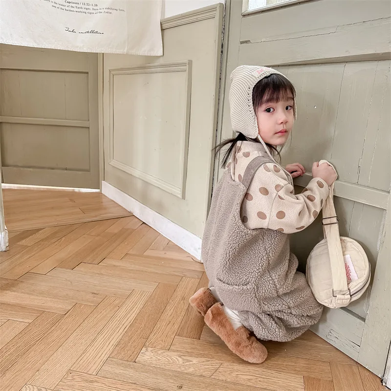 2025 New Winter Children Warm Lamb Fleece Overalls Cotton Girls Warm Trousers Fashion Boys Strap Pants Kids Casual Clothes