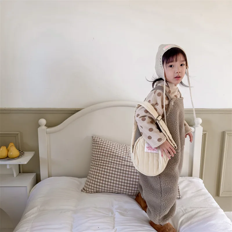 2025 New Winter Children Warm Lamb Fleece Overalls Cotton Girls Warm Trousers Fashion Boys Strap Pants Kids Casual Clothes