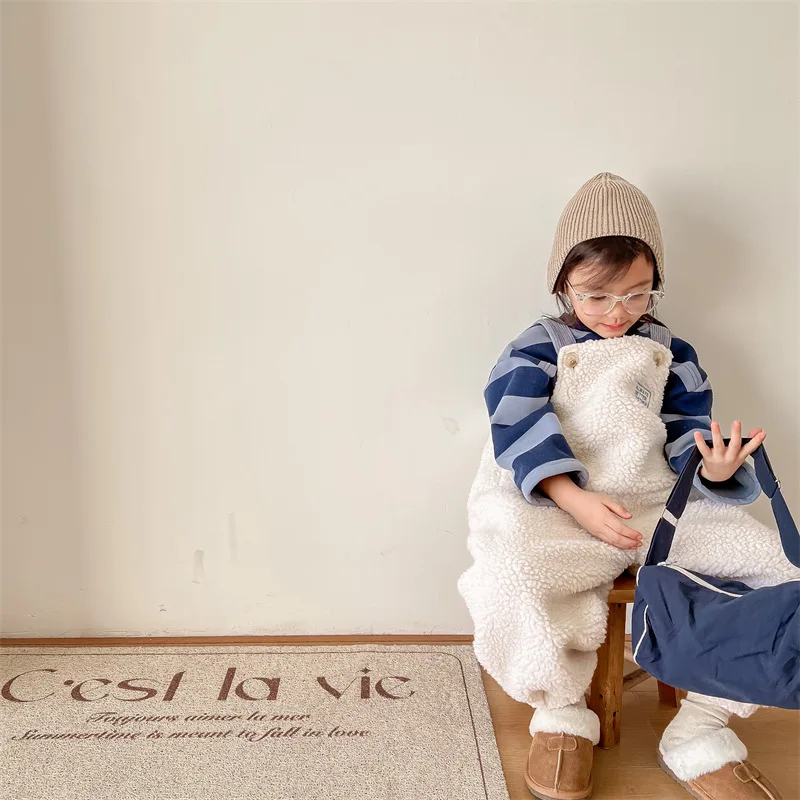 2025 New Winter Children Warm Lamb Fleece Overalls Cotton Girls Warm Trousers Fashion Boys Strap Pants Kids Casual Clothes