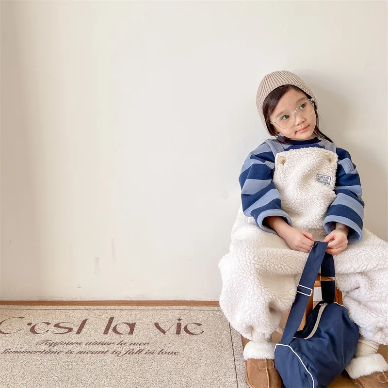 2025 New Winter Children Warm Lamb Fleece Overalls Cotton Girls Warm Trousers Fashion Boys Strap Pants Kids Casual Clothes