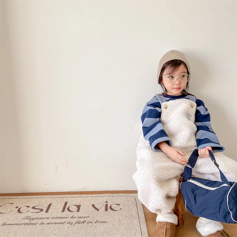 2025 New Winter Children Warm Lamb Fleece Overalls Cotton Girls Warm Trousers Fashion Boys Strap Pants Kids Casual Clothes