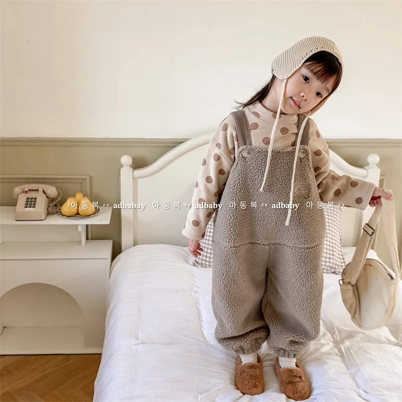 2025 New Winter Children Warm Lamb Fleece Overalls Cotton Girls Warm Trousers Fashion Boys Strap Pants Kids Casual Clothes