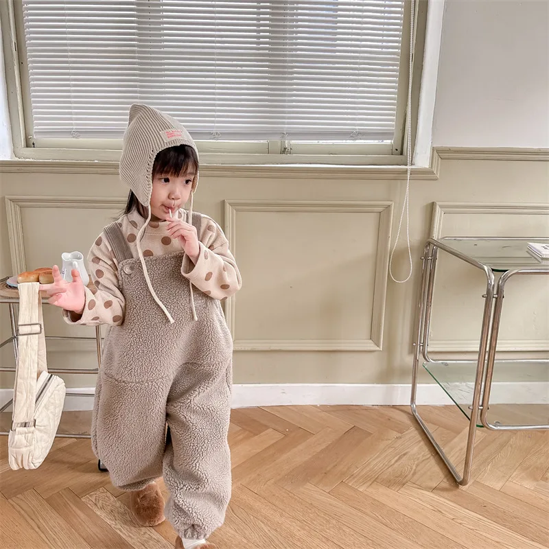 2025 New Winter Children Warm Lamb Fleece Overalls Cotton Girls Warm Trousers Fashion Boys Strap Pants Kids Casual Clothes