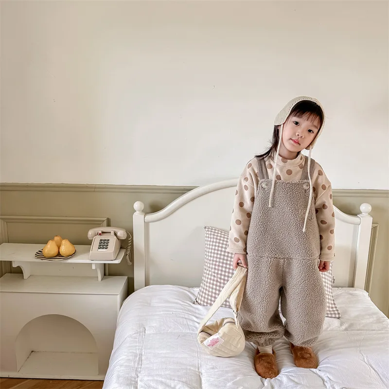 2025 New Winter Children Warm Lamb Fleece Overalls Cotton Girls Warm Trousers Fashion Boys Strap Pants Kids Casual Clothes