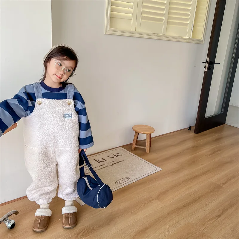 2025 New Winter Children Warm Lamb Fleece Overalls Cotton Girls Warm Trousers Fashion Boys Strap Pants Kids Casual Clothes