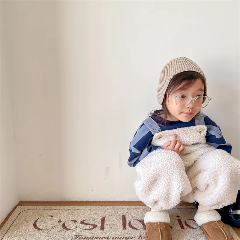 2025 New Winter Children Warm Lamb Fleece Overalls Cotton Girls Warm Trousers Fashion Boys Strap Pants Kids Casual Clothes