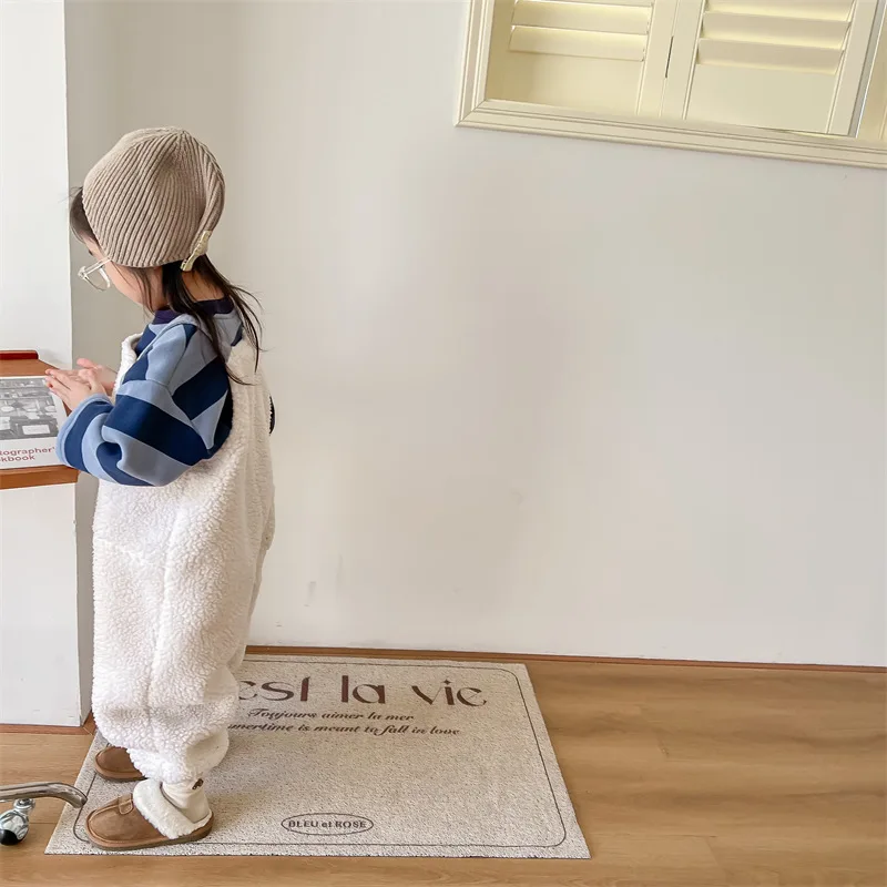 2025 New Winter Children Warm Lamb Fleece Overalls Cotton Girls Warm Trousers Fashion Boys Strap Pants Kids Casual Clothes