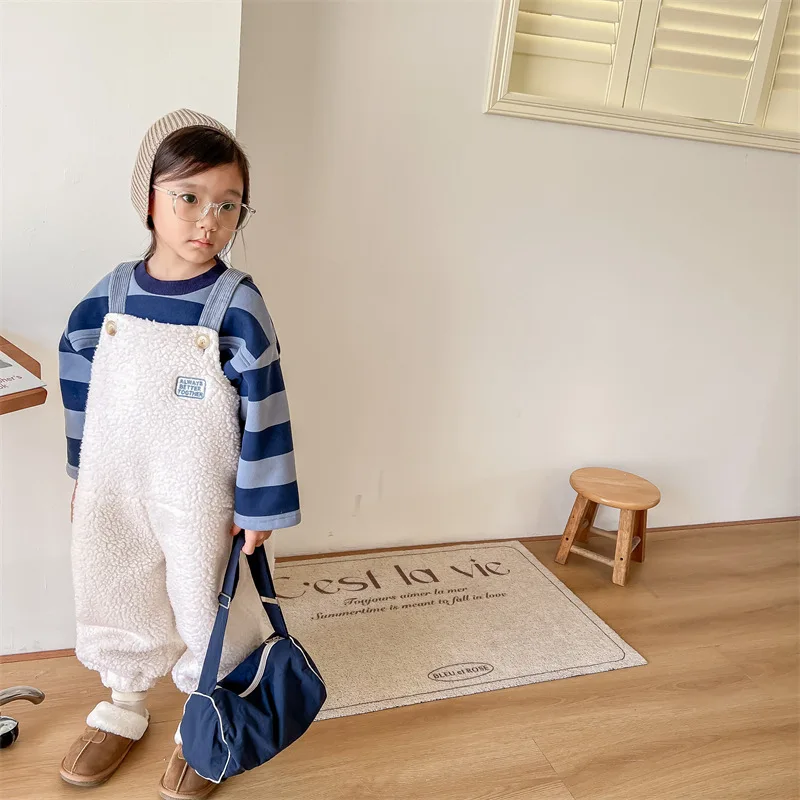2025 New Winter Children Warm Lamb Fleece Overalls Cotton Girls Warm Trousers Fashion Boys Strap Pants Kids Casual Clothes