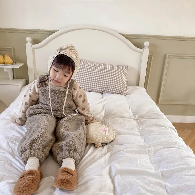 2025 New Winter Children Warm Lamb Fleece Overalls Cotton Girls Warm Trousers Fashion Boys Strap Pants Kids Casual Clothes
