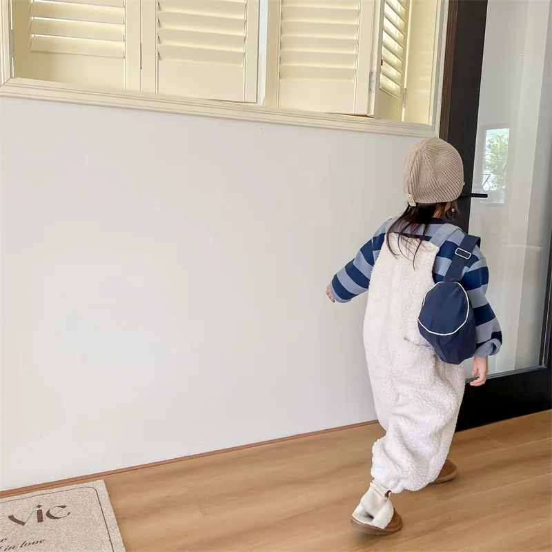 2025 New Winter Children Warm Lamb Fleece Overalls Cotton Girls Warm Trousers Fashion Boys Strap Pants Kids Casual Clothes