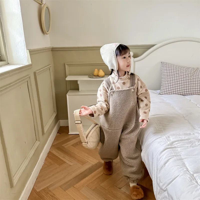 2025 New Winter Children Warm Lamb Fleece Overalls Cotton Girls Warm Trousers Fashion Boys Strap Pants Kids Casual Clothes