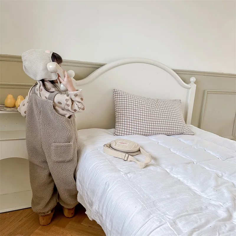 2025 New Winter Children Warm Lamb Fleece Overalls Cotton Girls Warm Trousers Fashion Boys Strap Pants Kids Casual Clothes
