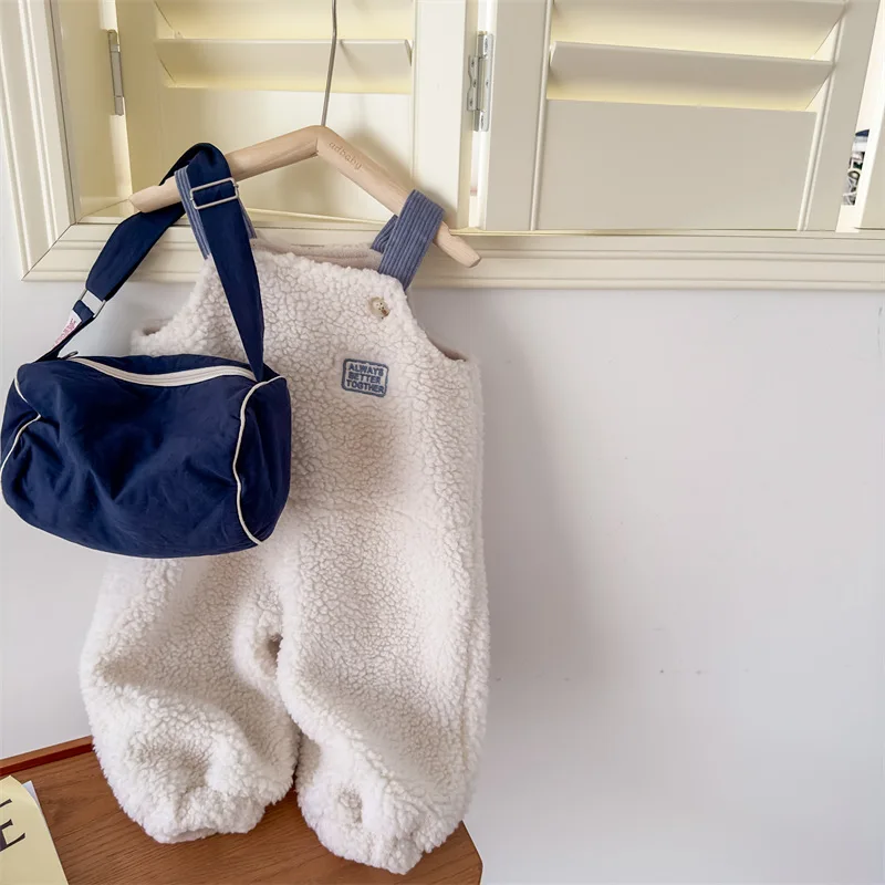 2025 New Winter Children Warm Lamb Fleece Overalls Cotton Girls Warm Trousers Fashion Boys Strap Pants Kids Casual Clothes
