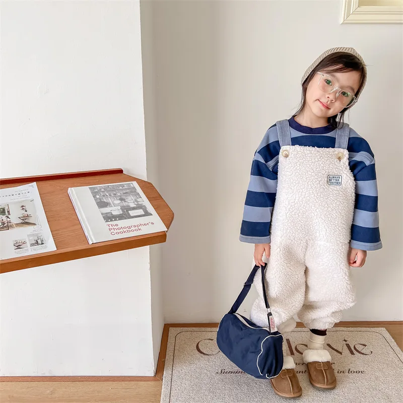 2025 New Winter Children Warm Lamb Fleece Overalls Cotton Girls Warm Trousers Fashion Boys Strap Pants Kids Casual Clothes