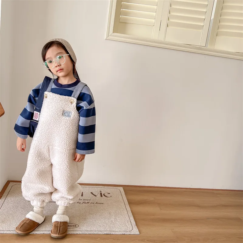2025 New Winter Children Warm Lamb Fleece Overalls Cotton Girls Warm Trousers Fashion Boys Strap Pants Kids Casual Clothes
