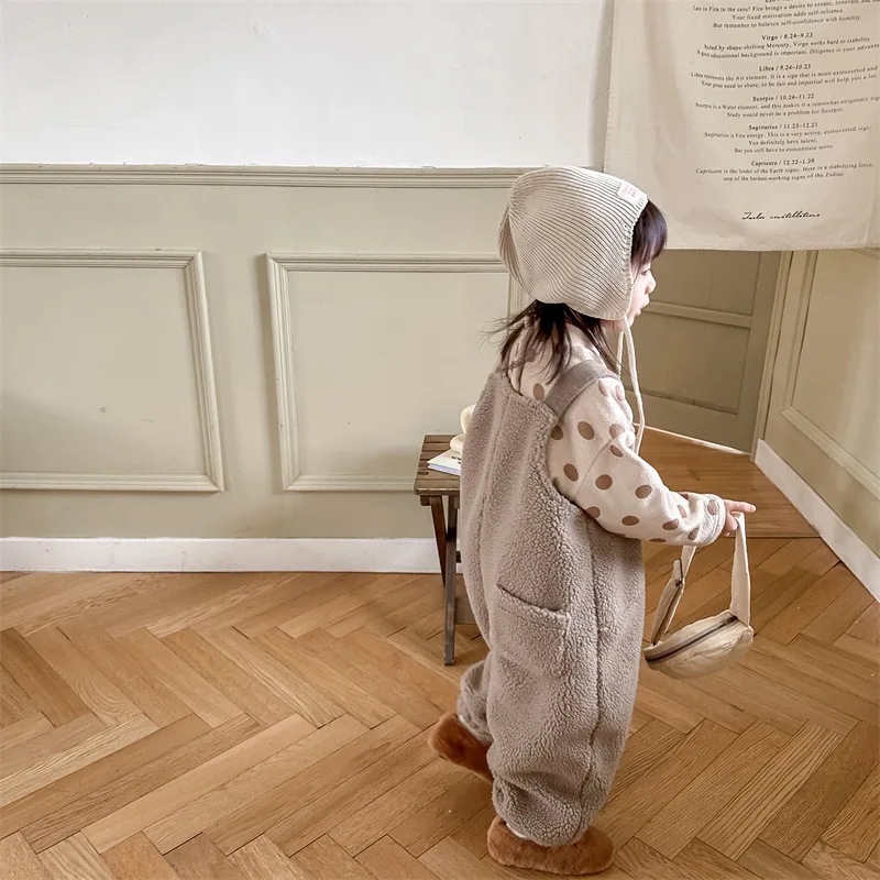 2025 New Winter Children Warm Lamb Fleece Overalls Cotton Girls Warm Trousers Fashion Boys Strap Pants Kids Casual Clothes