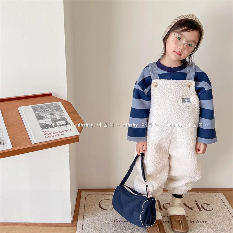 2025 New Winter Children Warm Lamb Fleece Overalls Cotton Girls Warm Trousers Fashion Boys Strap Pants Kids Casual Clothes