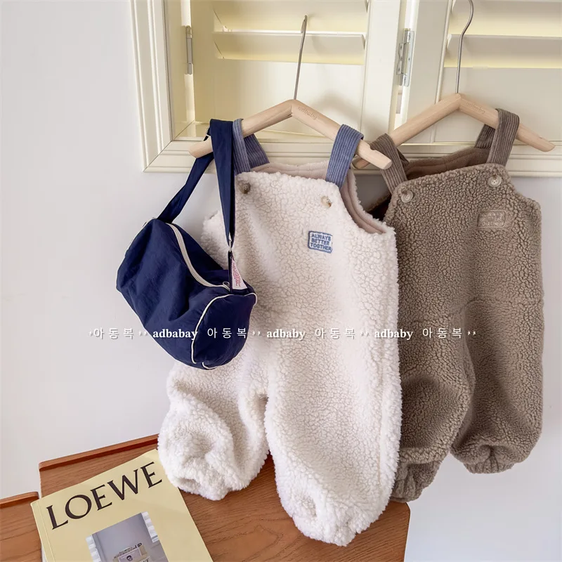2025 New Winter Children Warm Lamb Fleece Overalls Cotton Girls Warm Trousers Fashion Boys Strap Pants Kids Casual Clothes