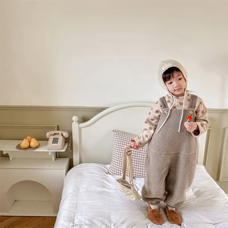 2025 New Winter Children Warm Lamb Fleece Overalls Cotton Girls Warm Trousers Fashion Boys Strap Pants Kids Casual Clothes