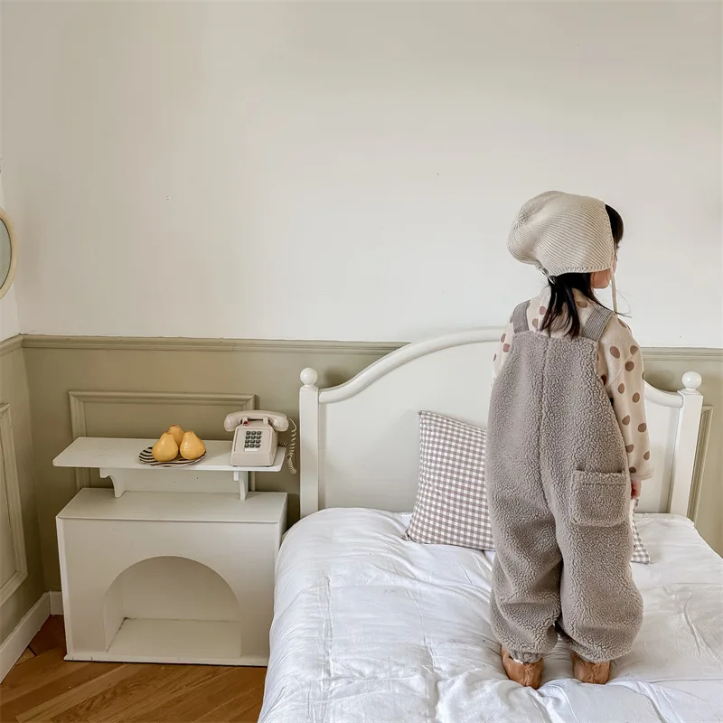 2025 New Winter Children Warm Lamb Fleece Overalls Cotton Girls Warm Trousers Fashion Boys Strap Pants Kids Casual Clothes