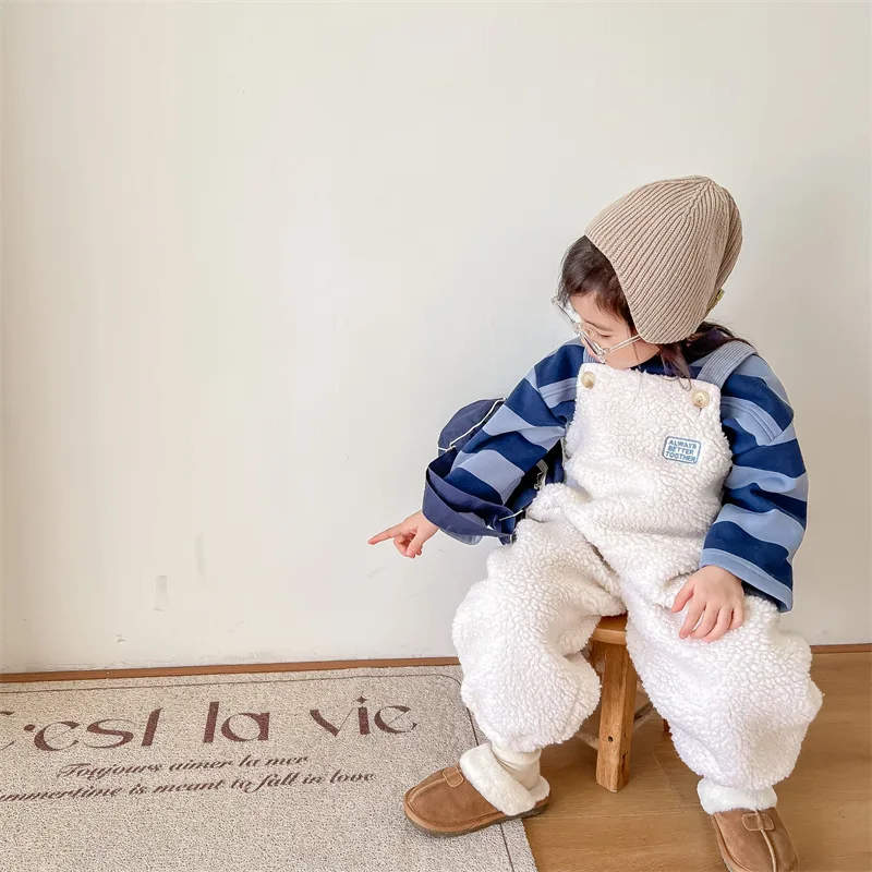 2025 New Winter Children Warm Lamb Fleece Overalls Cotton Girls Warm Trousers Fashion Boys Strap Pants Kids Casual Clothes
