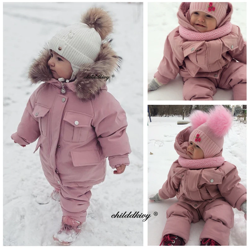 2pcs Set Children Winter Down Jacket and Jumpsuit for Baby Thicken Jacket for Girls Coat Warm Real Fur Collar Boys Snowsuit 0-4Y
