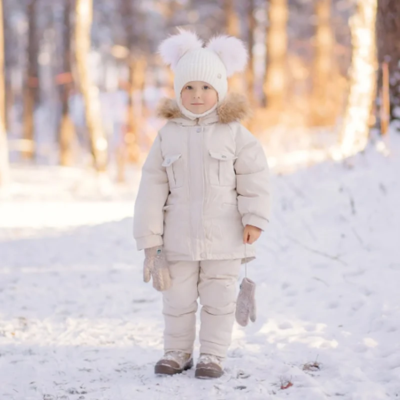2pcs Set Children Winter Down Jacket and Jumpsuit for Baby Thicken Jacket for Girls Coat Warm Real Fur Collar Boys Snowsuit 0-4Y