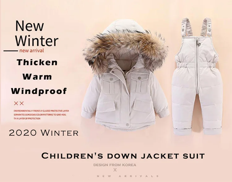 2pcs Set Children Winter Down Jacket and Jumpsuit for Baby Thicken Jacket for Girls Coat Warm Real Fur Collar Boys Snowsuit 0-4Y