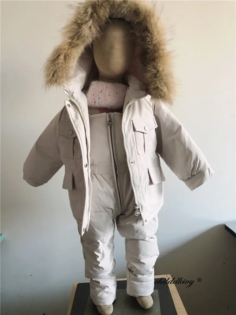 2pcs Set Children Winter Down Jacket and Jumpsuit for Baby Thicken Jacket for Girls Coat Warm Real Fur Collar Boys Snowsuit 0-4Y