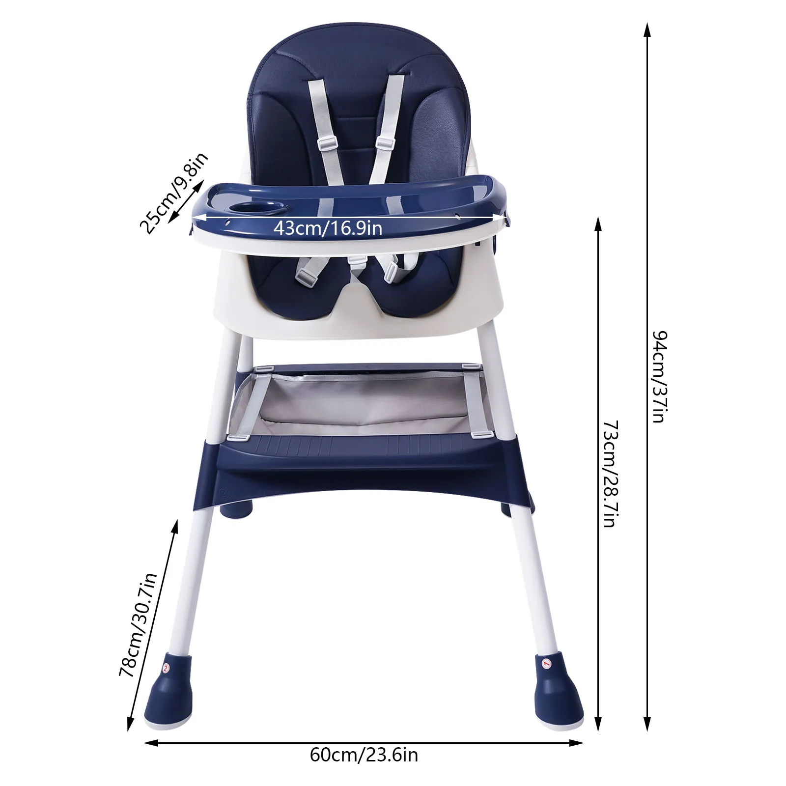 2 in 1 Baby Highchair Foldable Height Adjustable Baby Highchair With Footrest Safety Straps Double Tray For 6 Months to 6 Years