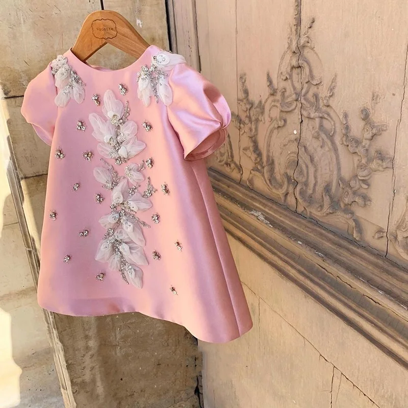 Baby Girl Princess Silk Dress Infant Toddler Child  Pearl Beading Flower Lace Vestido Party Pageant Birthday Baby Clothes 1-12Y