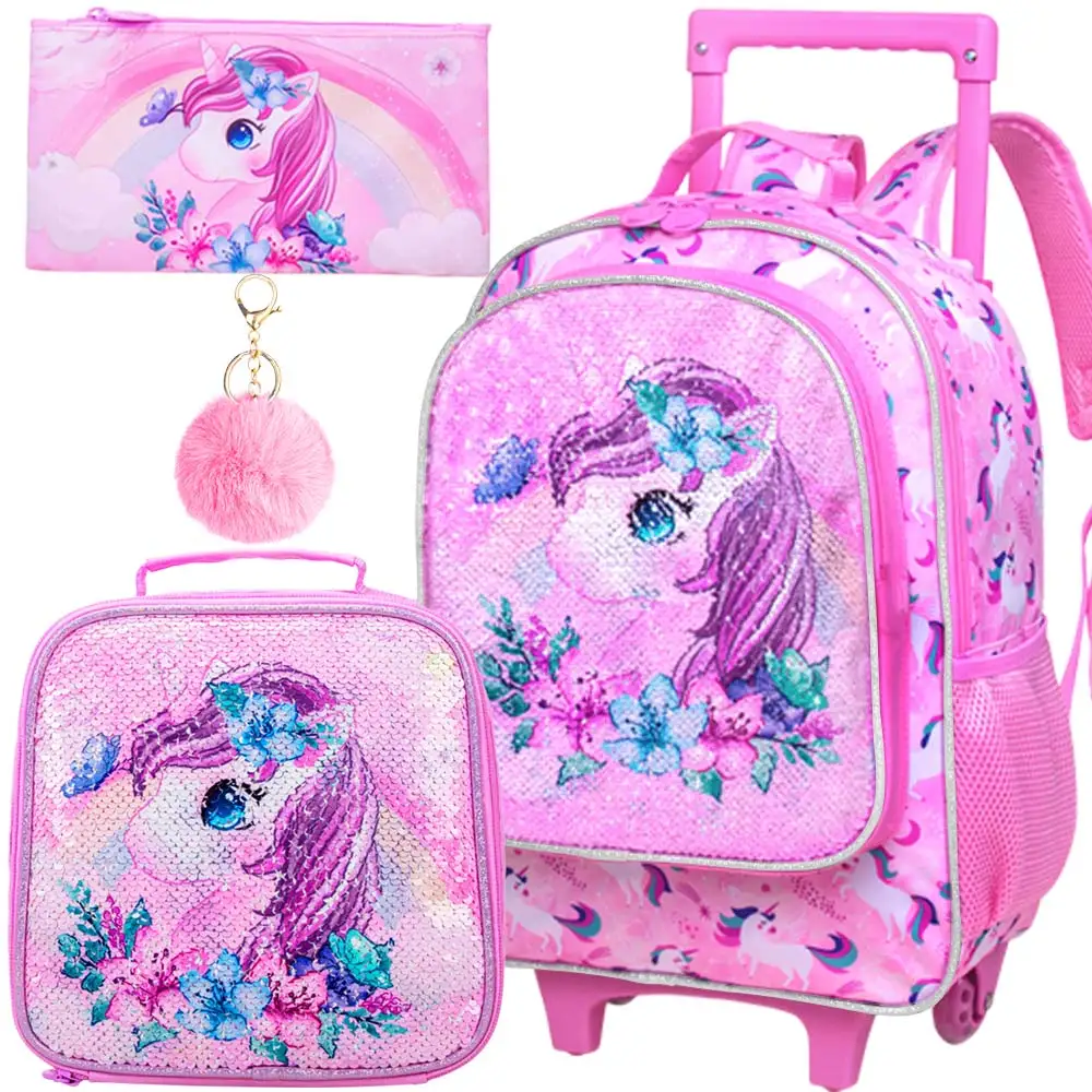3PCS Rolling Backpack for Girls and Boys, Kids Unicorn Dinosaur Wheeled Bookbag