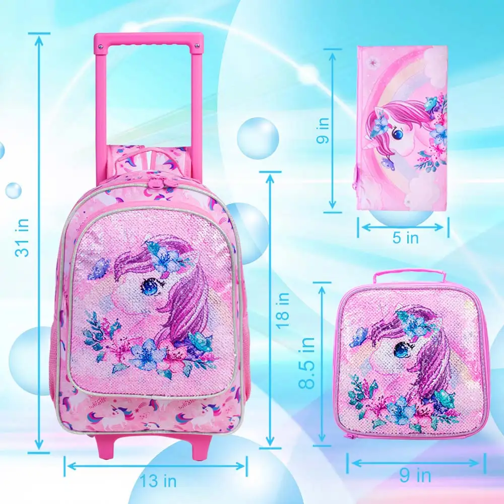 3PCS Rolling Backpack for Girls and Boys, Kids Unicorn Dinosaur Wheeled Bookbag