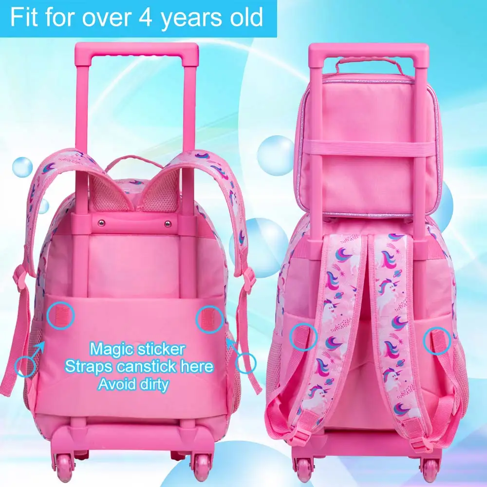 3PCS Rolling Backpack for Girls and Boys, Kids Unicorn Dinosaur Wheeled Bookbag