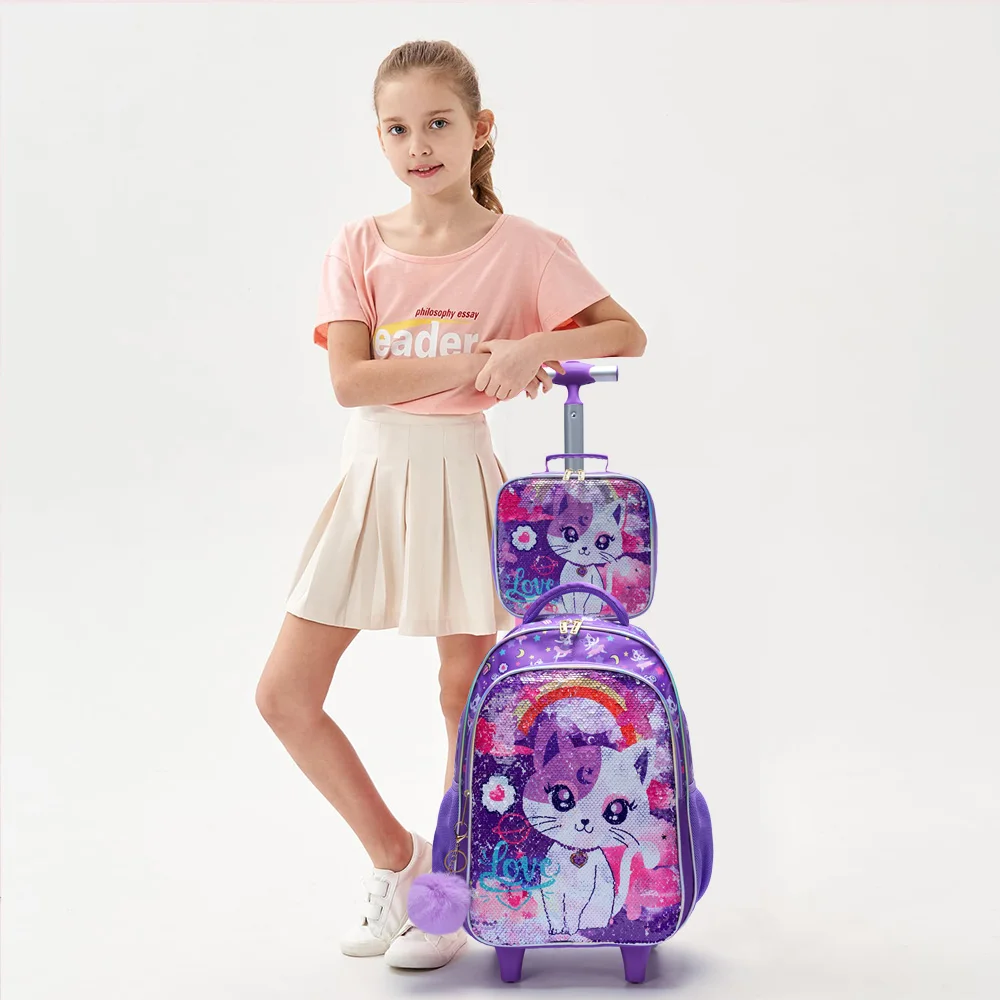 3PCS Set Rolling Backpack For Girls, Cute Cartoon Cat Sequin Wheeled Bookbag For Elementary Students, With Lunch Box And Pen Bag