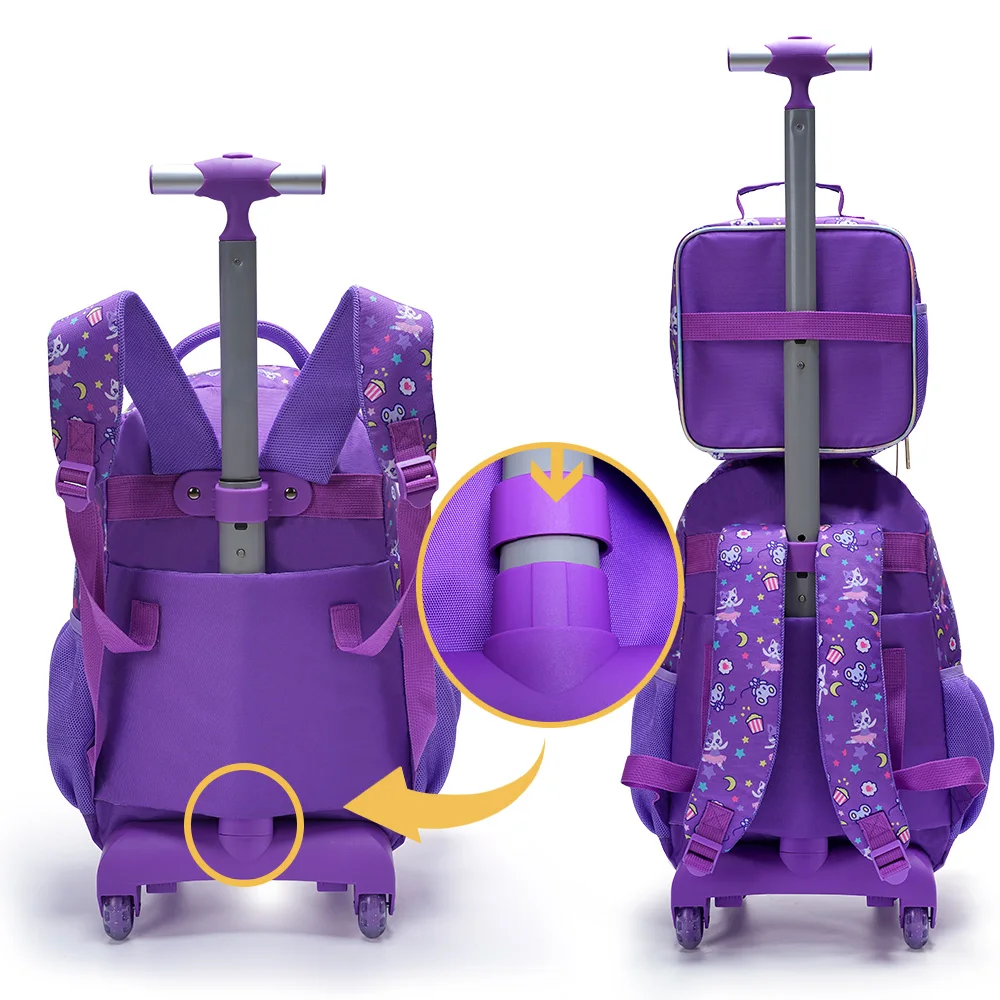 3PCS Set Rolling Backpack For Girls, Cute Cartoon Cat Sequin Wheeled Bookbag For Elementary Students, With Lunch Box And Pen Bag