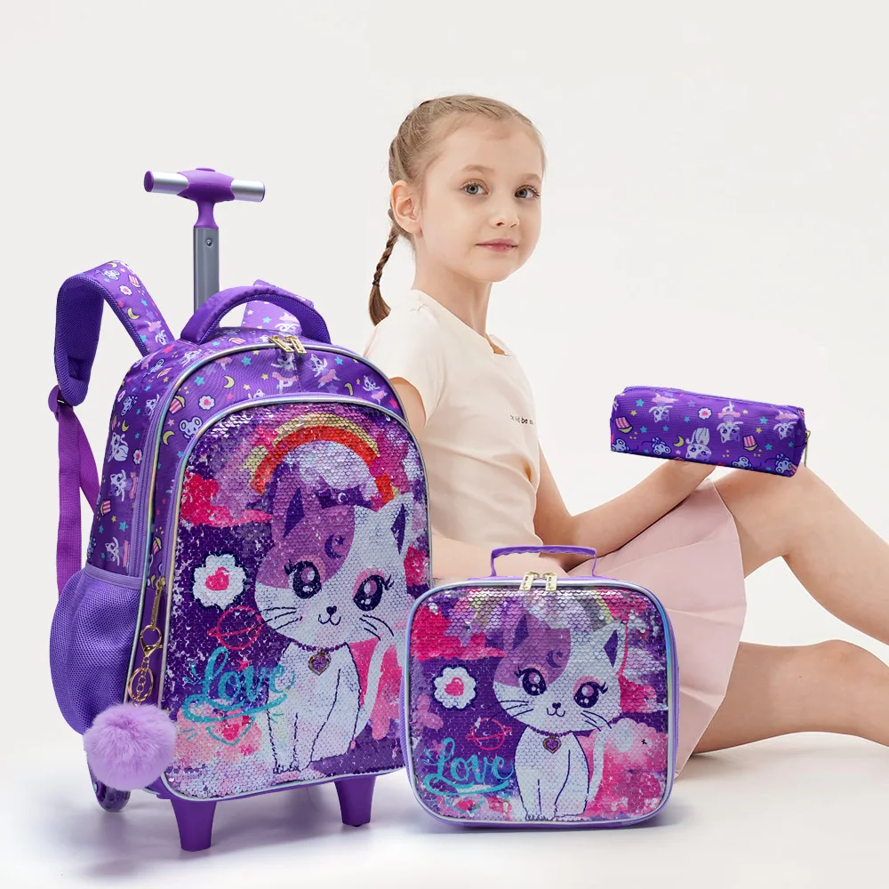3PCS Set Rolling Backpack For Girls, Cute Cartoon Cat Sequin Wheeled Bookbag For Elementary Students, With Lunch Box And Pen Bag