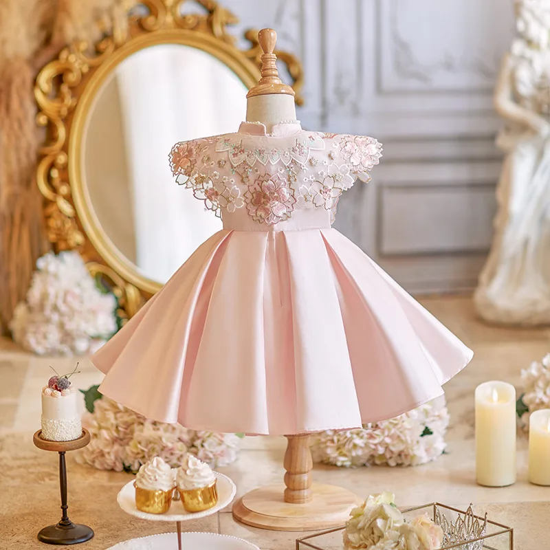 2025 New Children Satin Pink Princess Ball Gown Girls Cute Birthday Baptism Wedding Party Dress g227
